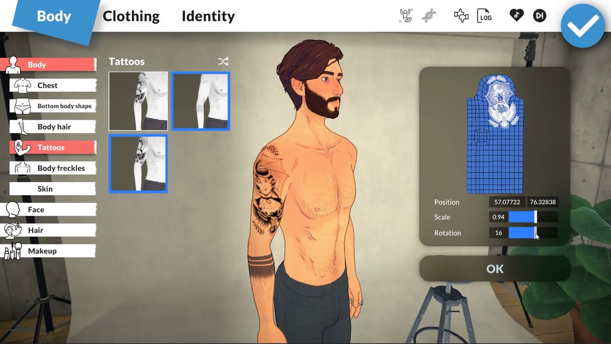 Paralives - A character creator screen with a young man standing against a screen. The player is putting a tattoo on the man’s upper arm.